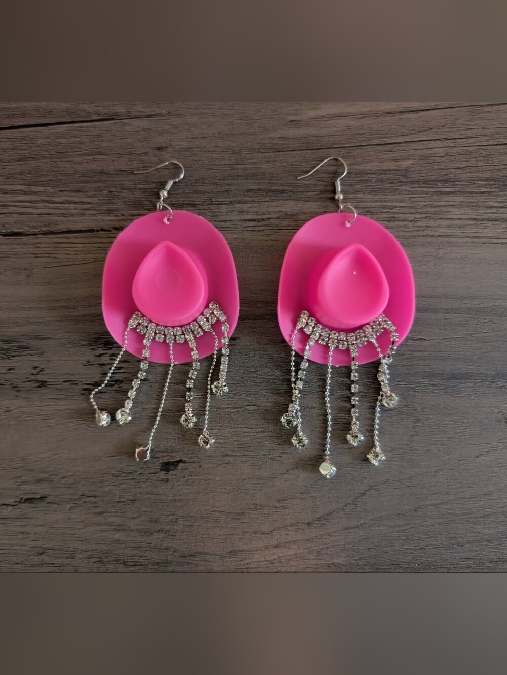 Pink Crystal Fringe Cowgirl Hat Earrings